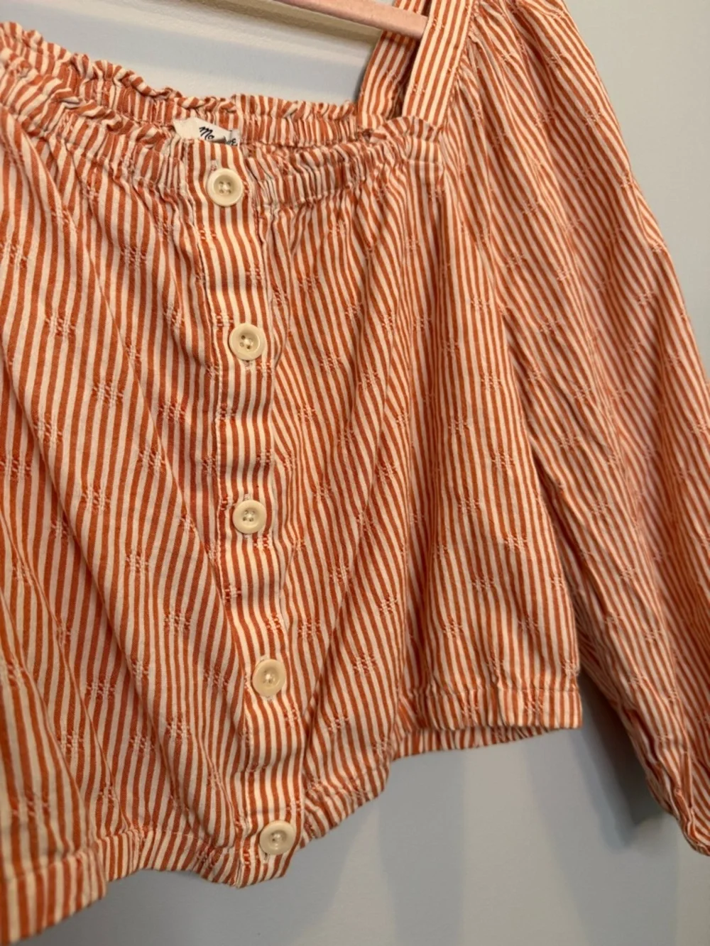 NWOT Madewell Peach Embroidered Stripe Puff Sleeve Button Front Crop Top Medium